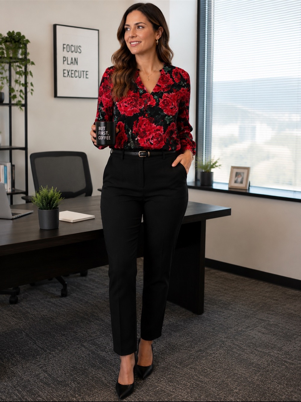 Rachel Zoe Red and Black Floral V-Neck Blouse